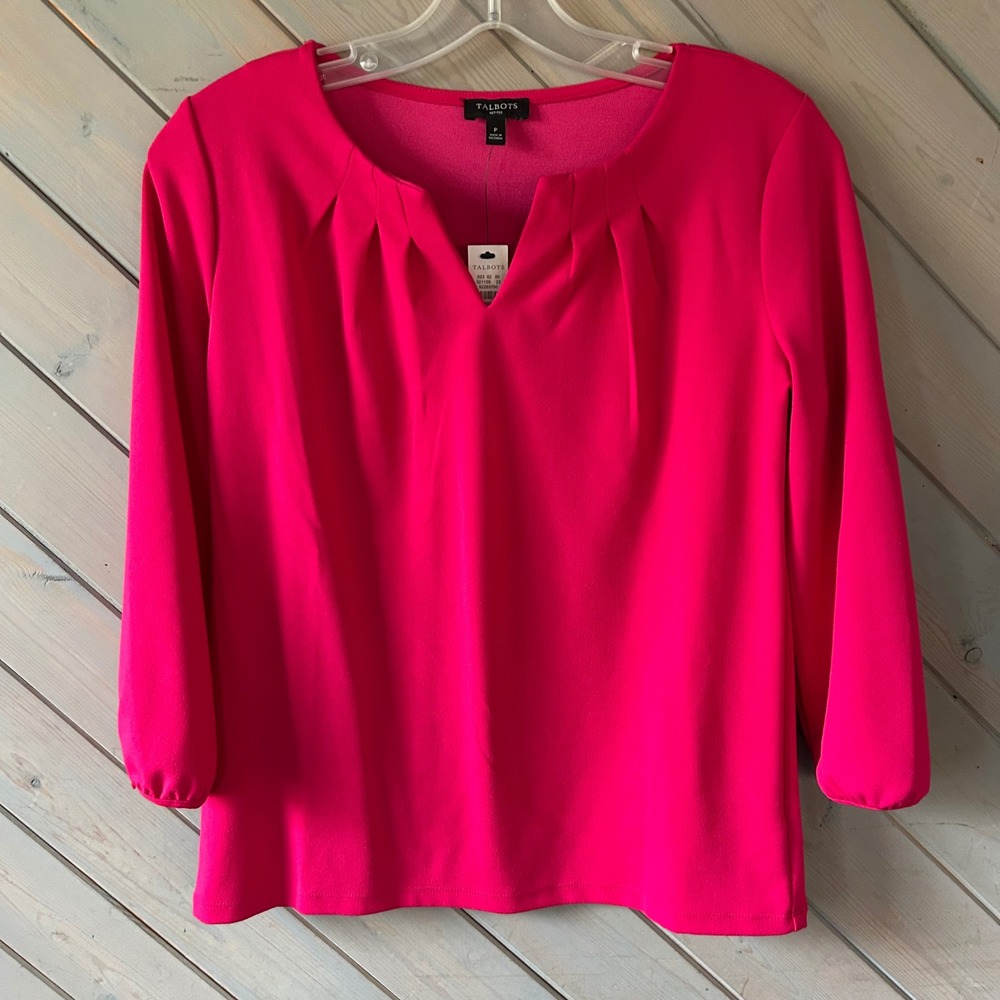 Talbots Womens Petite P Hot Pink Pleated V-Neck 3/4 Sleeve Blouse Top NWT